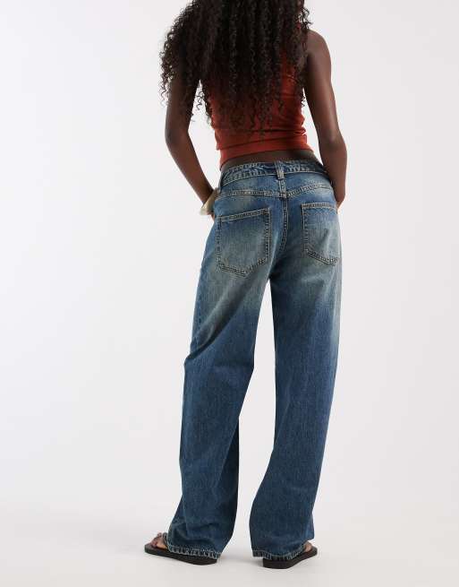 ASOS DESIGN fold over waistband jeans in vintage wash, 3 of 5