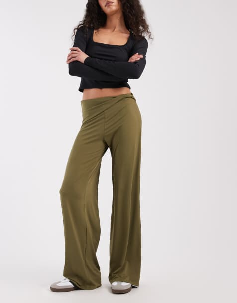 ASOS DESIGN fold over wide leg pants with twist detail in khaki - part of a set - view 1