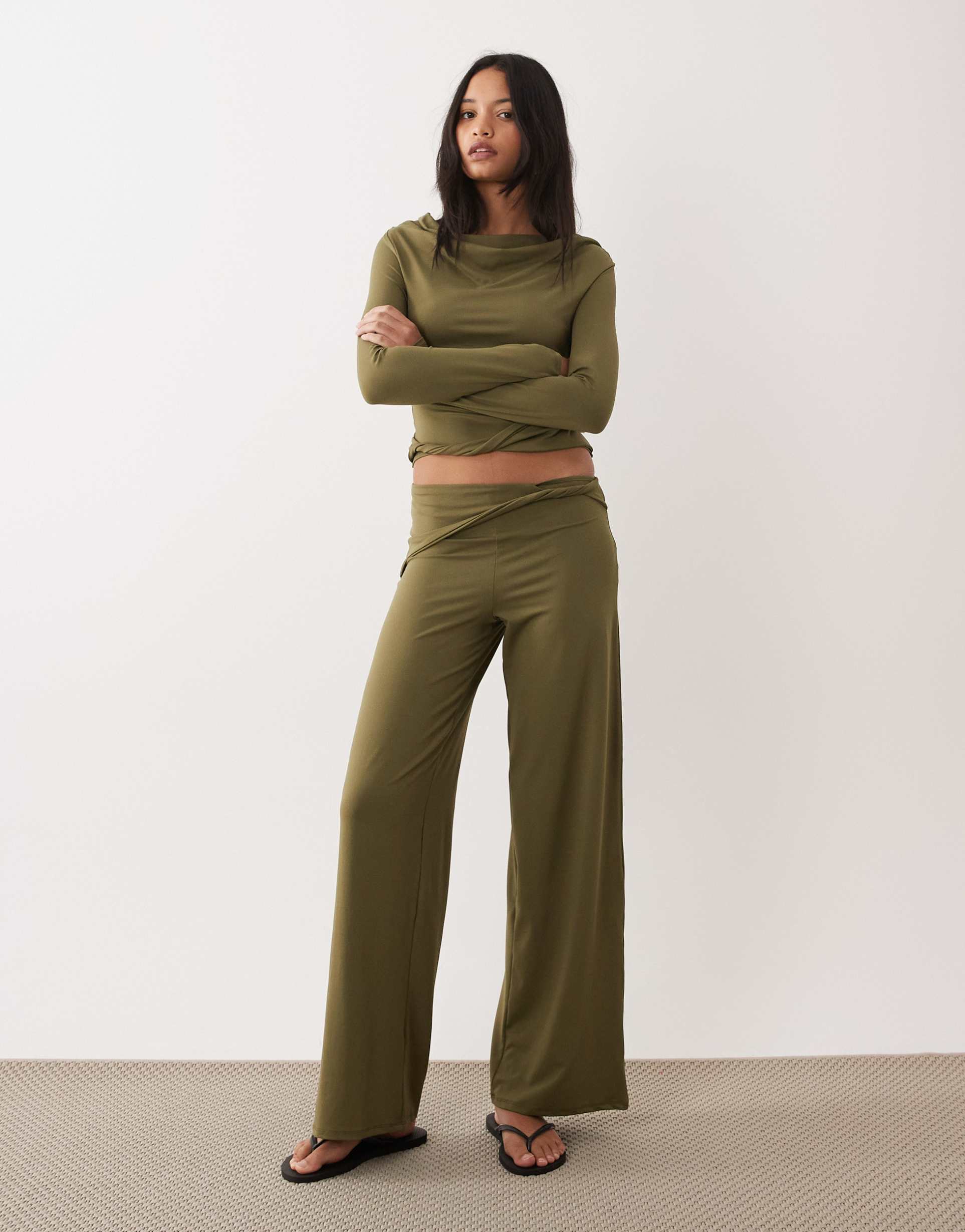 asos design fold over wide leg pants with twist detail in khaki - part of a set