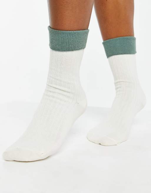 ASOS DESIGN fold top colour block socks in cream and sage
