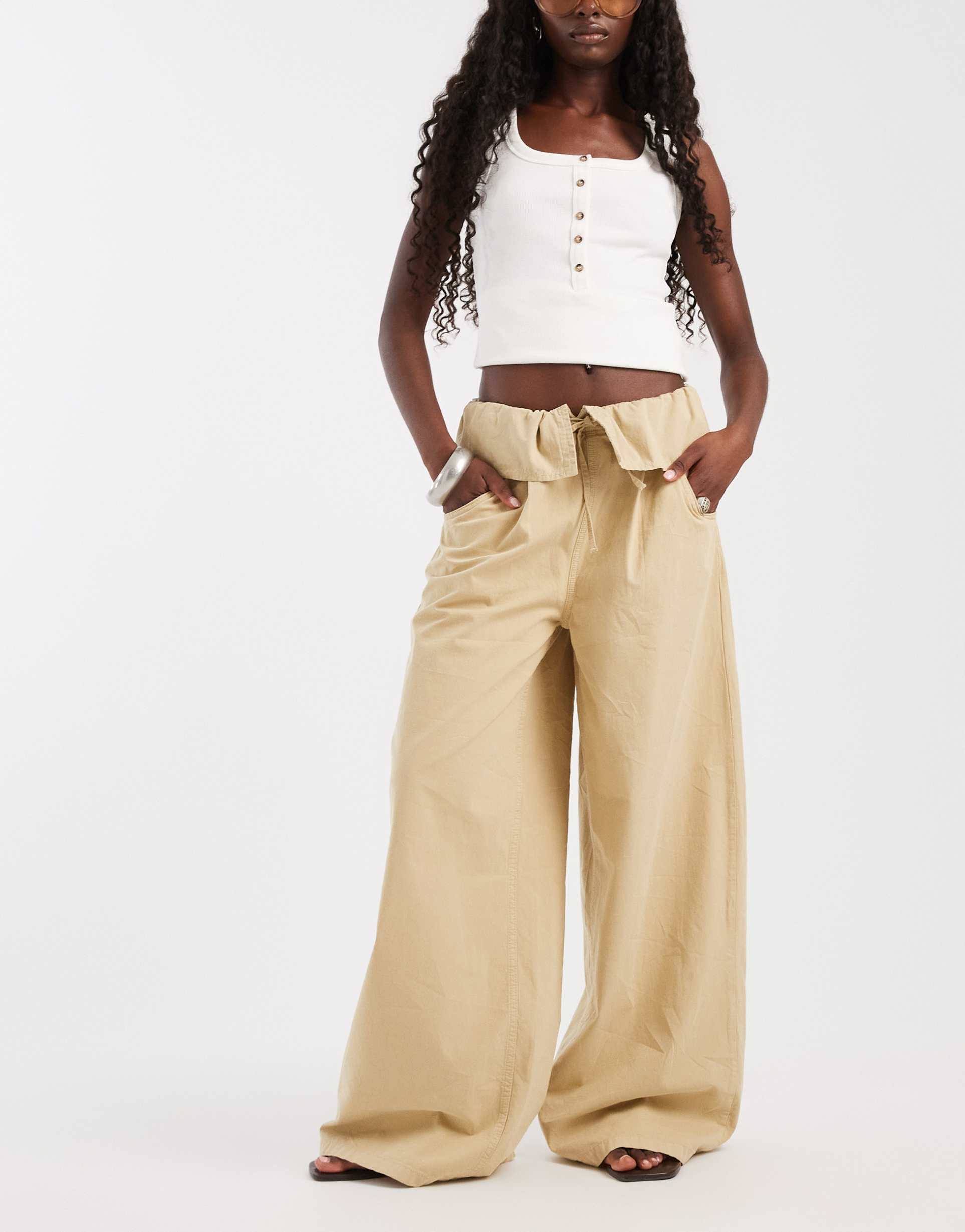 asos design fold waist wide leg pants in stone