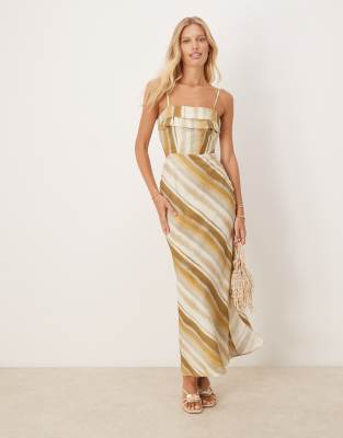 Asos Design Folded Bust Detail Cut Out Midi Slip Dress In Brown