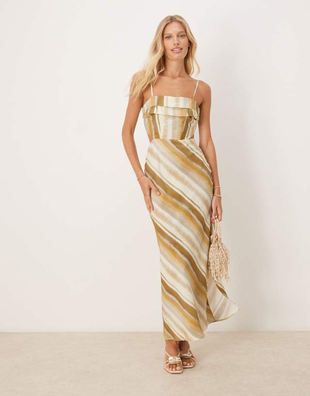 asos gold slip dress DESIGN folded bust detail cut out midi in striped print Midi dress