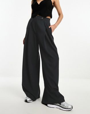 ASOS DESIGN folded front wide leg pants in black | ASOS