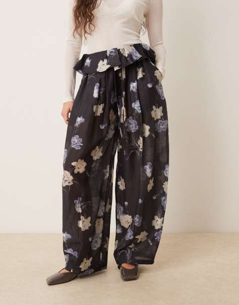 ASOS DESIGN foldover waist detail balloon pants in black floral print - view 1