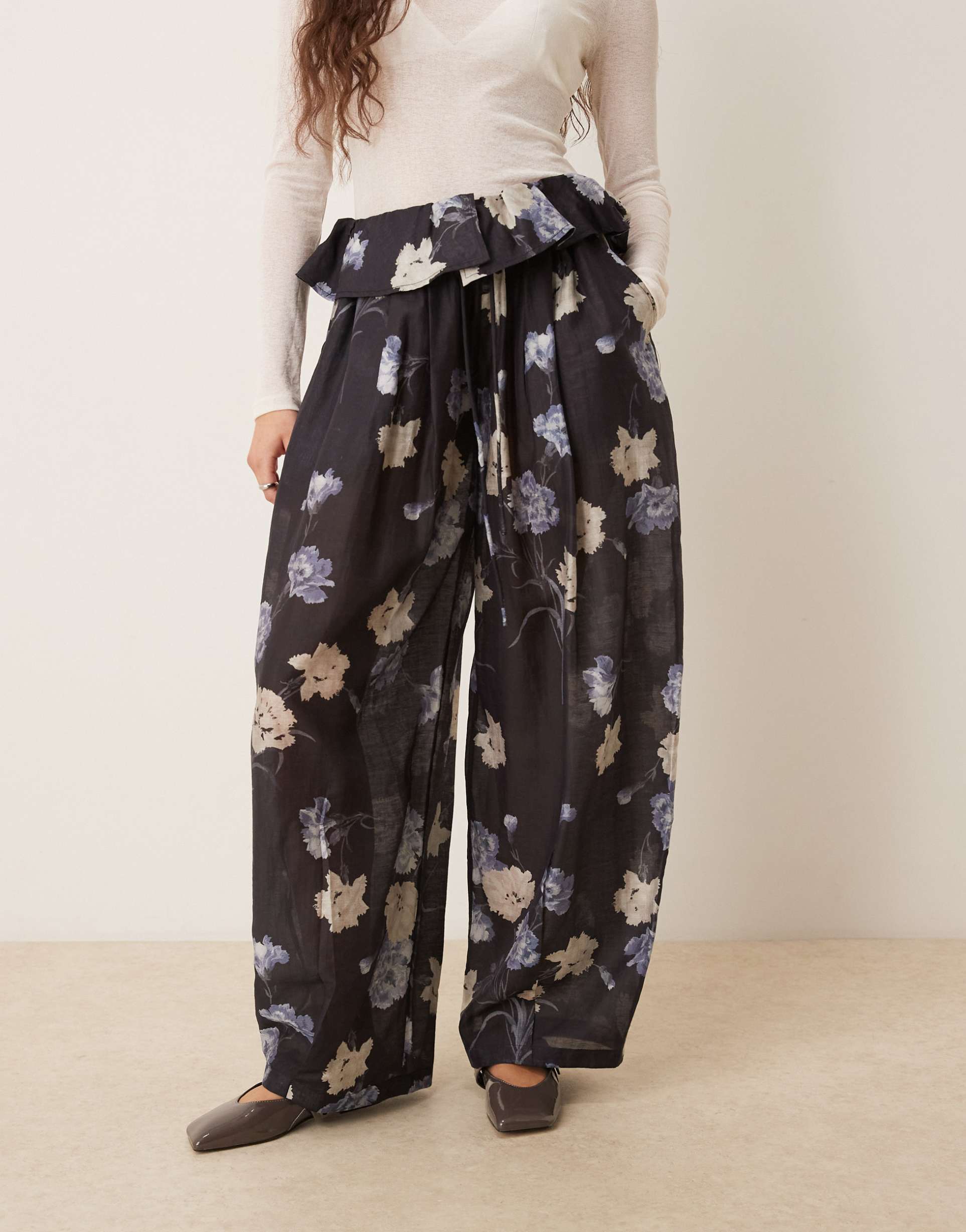 asos design foldover waist detail balloon pants in black floral print