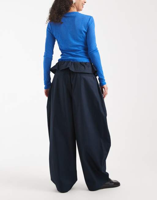 ASOS DESIGN foldover waist detail pants in navy, 2 of 5