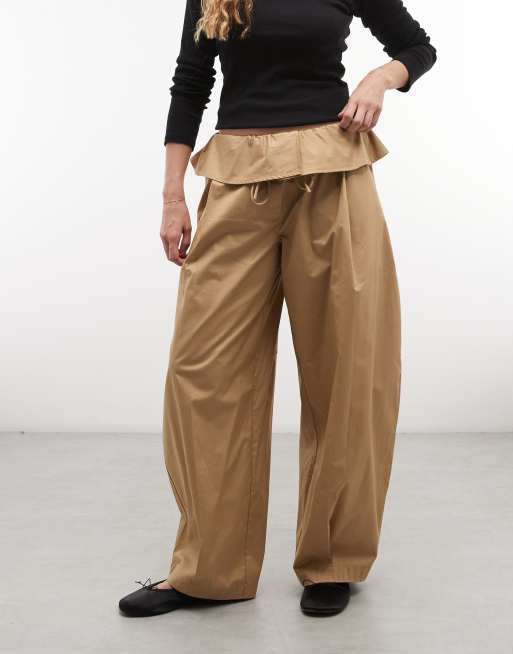ASOS DESIGN foldover waist detail trousers in camel, 3 of 5