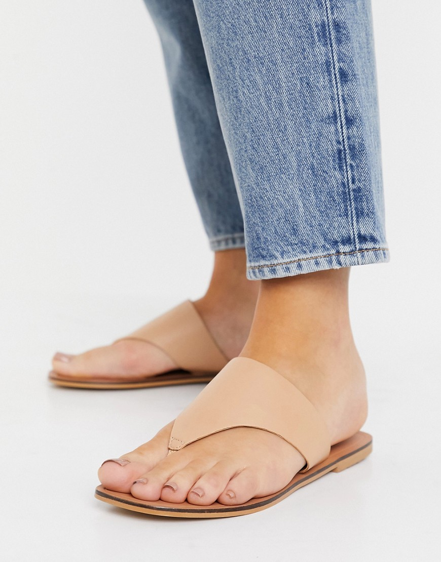 ASOS DESIGN Folly leather toe thong sandals in beige-Neutral