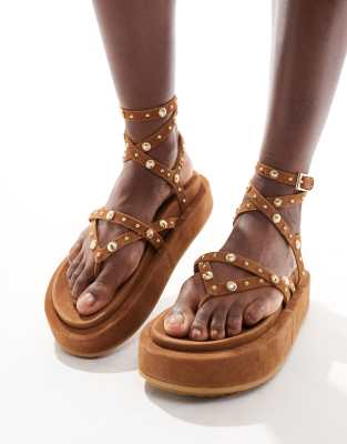 Asos Design Fondue Premium Suede Studded Strappy Sandals In Tan-brown