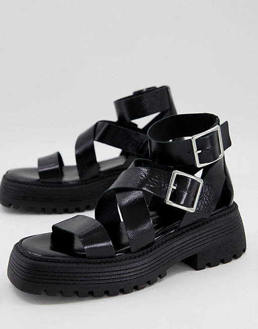 ASOS DESIGN Footprint premium leather chunky sandals in black | ASOS