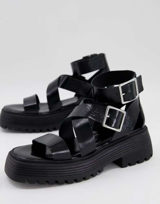ASOS DESIGN - Footprint - Sorte chunky sandaler i premium-læder