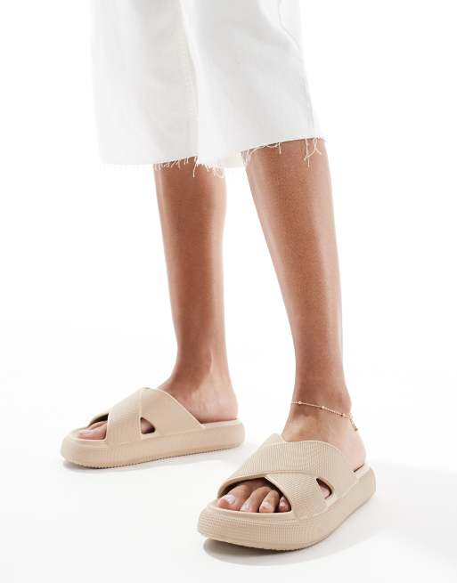 ASOS DESIGN Forever cross-strap chunky sliders in beige