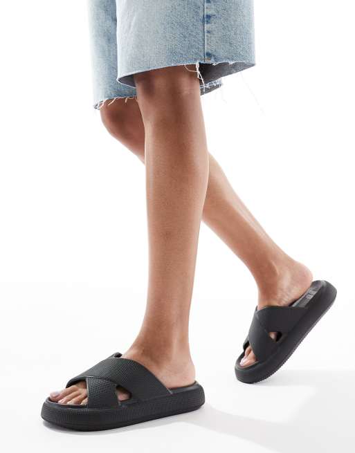 ASOS DESIGN Forever cross-strap chunky sliders in black