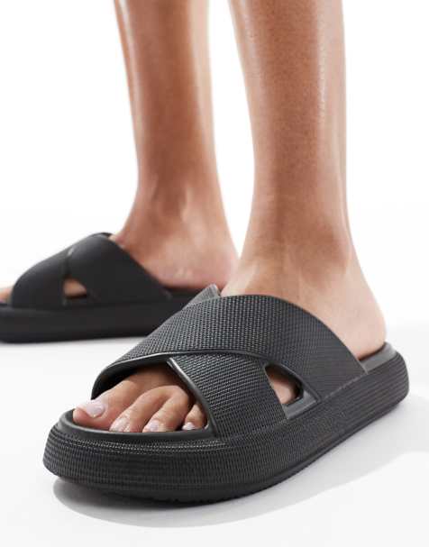 ASOS DESIGN – Forever – Slider mit gekreuzten Riemen und dicker Sohle in Schwarz - view 1