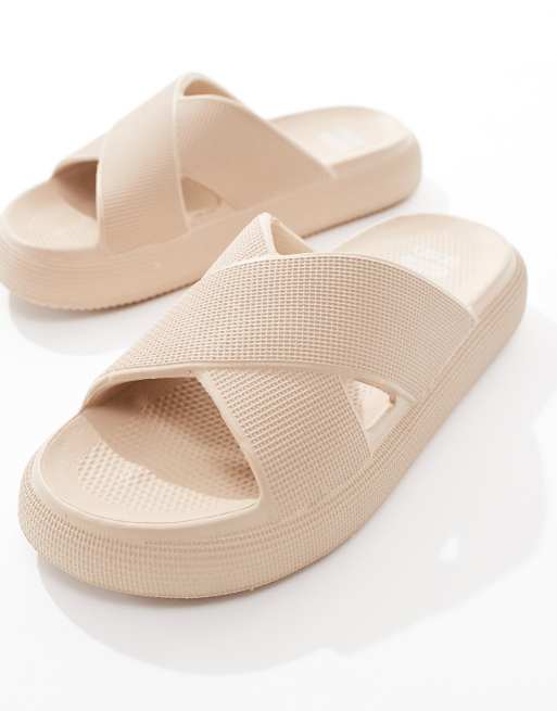ASOS DESIGN - Forever - Slippers met kruisbandjes en dikke zool in beige, 2 van 4