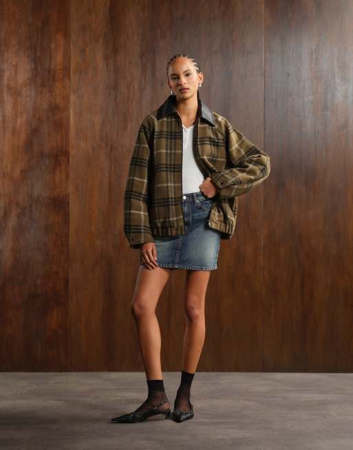 ASOS DESIGN formal bomber jacket with leather look collar in khaki check