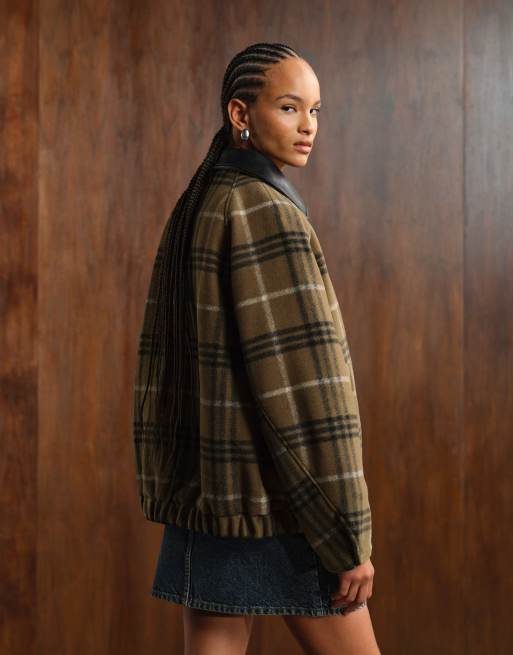 ASOS DESIGN formal bomber jacket with leather look collar in khaki check