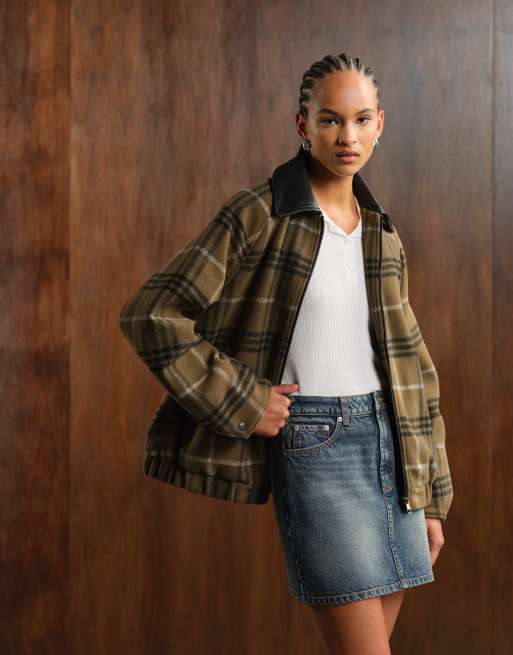 ASOS DESIGN formal bomber jacket with leather look collar in khaki check