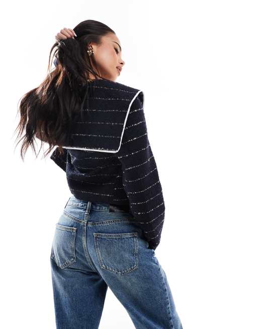 ASOS DESIGN formal boucle jacket with contrast detail in stripe, 4 of 4