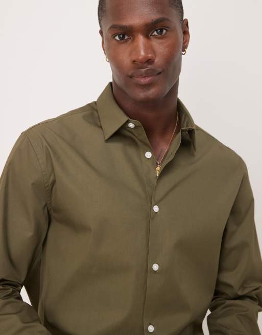 ASOS DESIGN formal easy iron poplin regular shirt in khaki green, 3 of 4