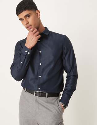 formal easy iron regular shirt in herringbone texture in navy