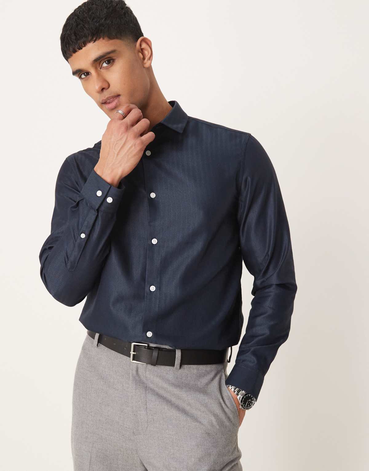 ASOS DESIGN formal easy iron regular shirt in herringbone texture in navy