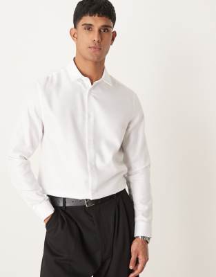 formal easy iron regular shirt in herringbone texture in white