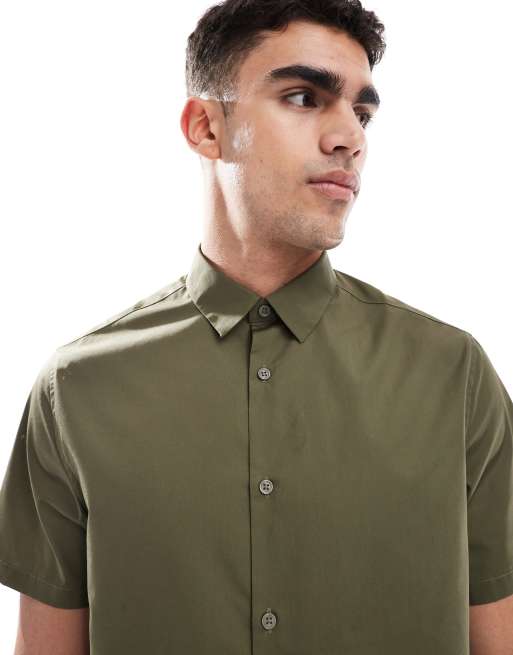 ASOS DESIGN formal easy iron regular shirt in khaki green, 4 of 4