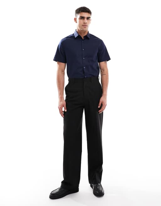 ASOS DESIGN - Net kreukvrij overhemd met normale pasvorm in marineblauw