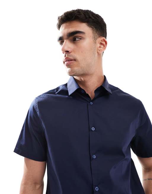 ASOS DESIGN - Net kreukvrij overhemd met normale pasvorm in marineblauw