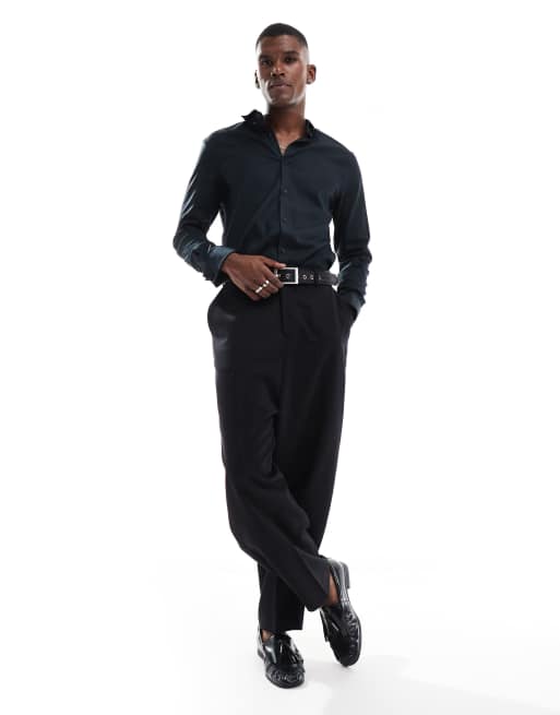 ASOS DESIGN formal easy iron slim twill shirt with cuff detail in black, 3 of 4