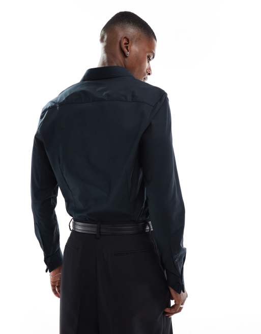 ASOS DESIGN formal easy iron slim twill shirt with cuff detail in black, 4 of 4