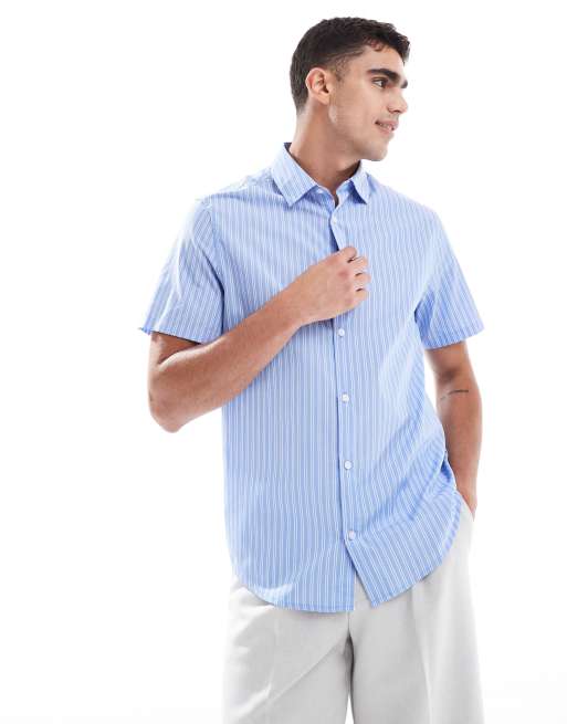 ASOS DESIGN formal easy iron stripe regular shirt with concealed buttons in blue