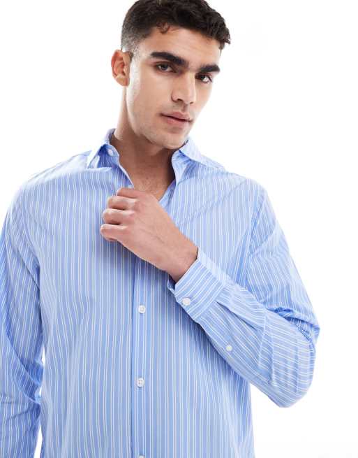ASOS DESIGN formal easy iron striped regular shirt in light blue