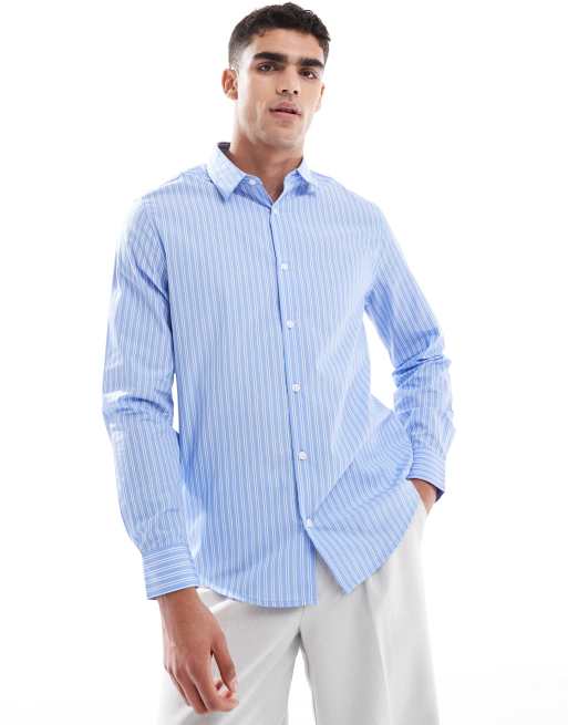 ASOS DESIGN formal easy iron striped regular shirt with concealed buttons in light blue