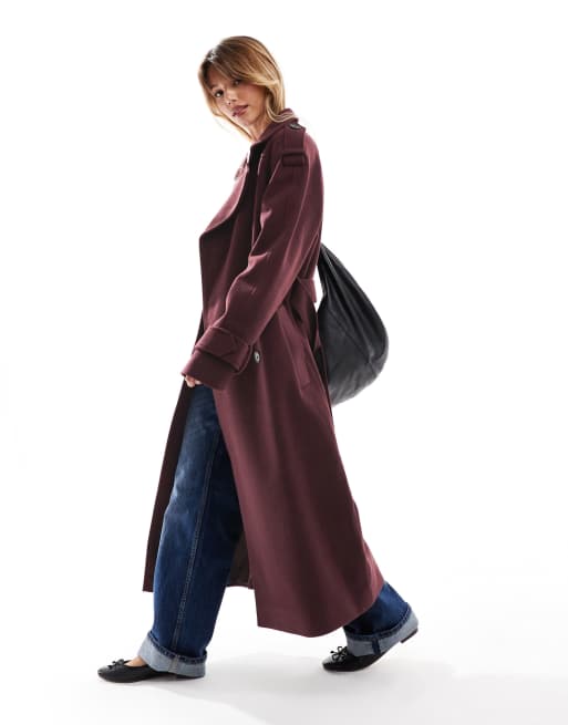 ASOS DESIGN formal faux wool trench coat in burgundy