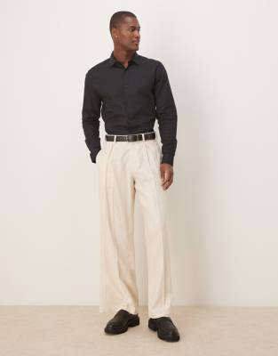 Asos Design Regular Smart Linen Mix Shirt With Cut Away Collar In Black In Black