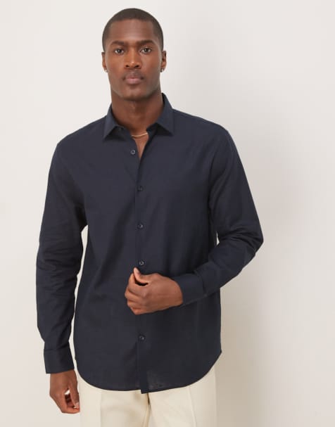 ASOS DESIGN formal linen blend regular shirt in navy - view 1