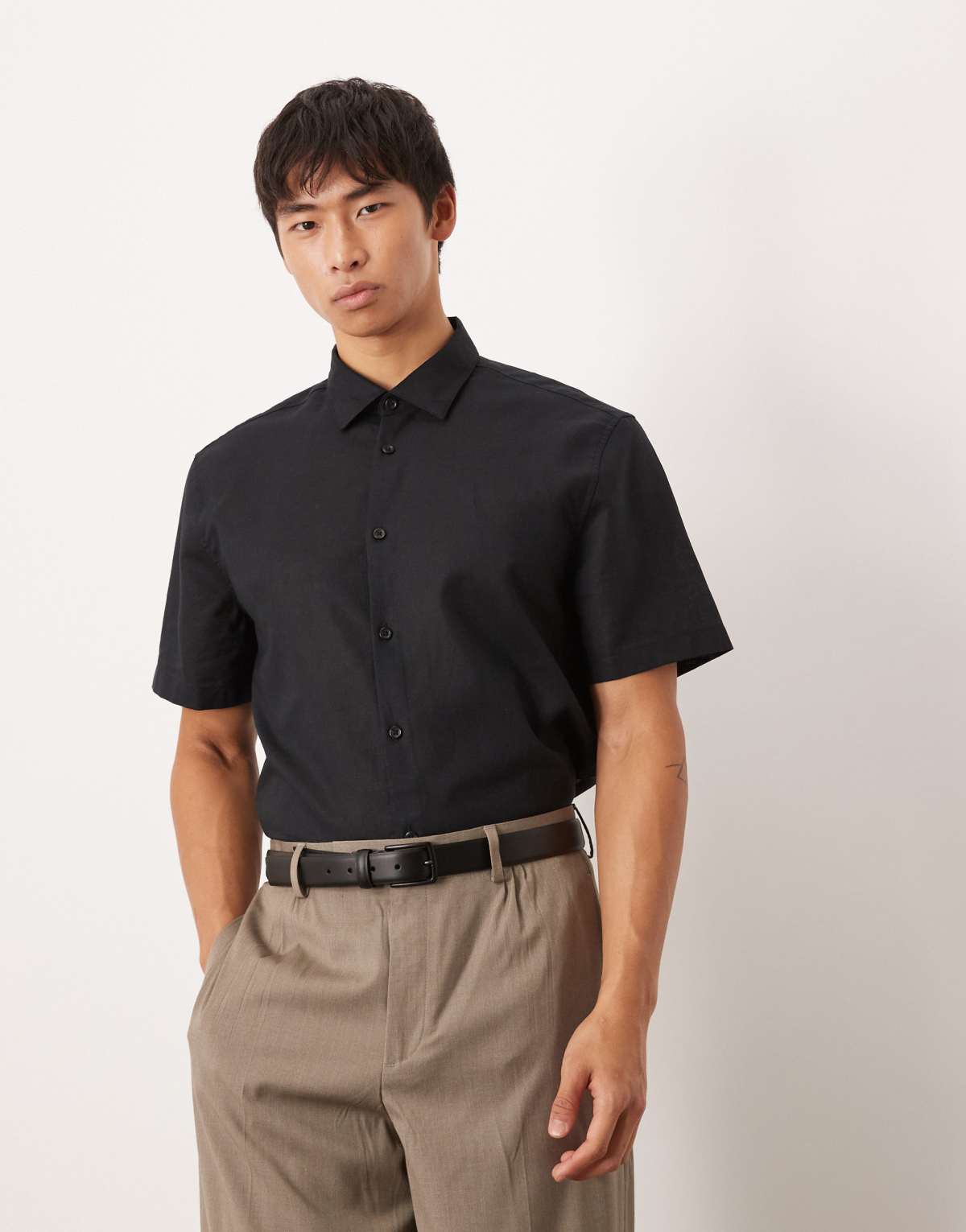 ASOS DESIGN formal linen regular shirt in black