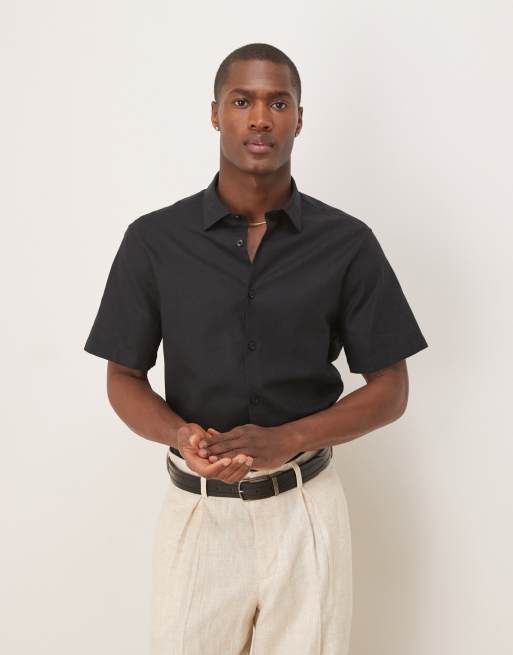 ASOS DESIGN formal linen regular shirt in black