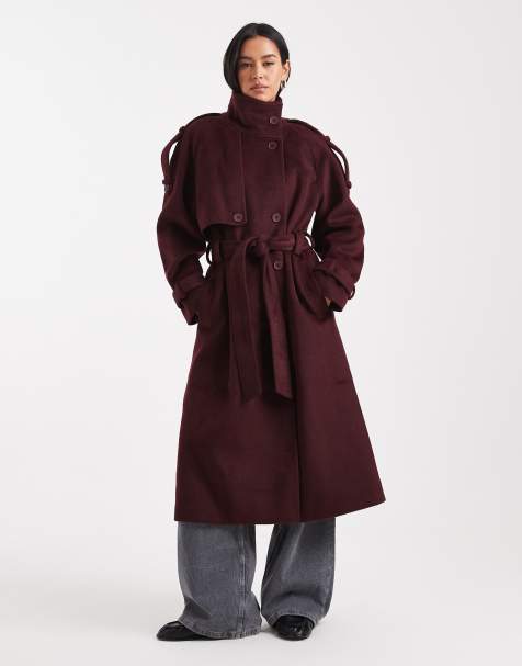 ASOS DESIGN formal longline funnel neck trench coat in burgundy - view 1