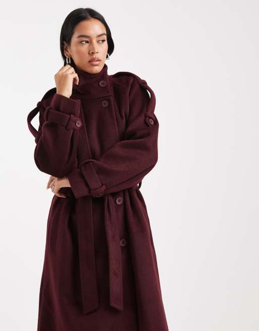 ASOS DESIGN formal longline funnel neck trench coat in burgundy