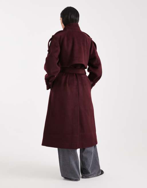 ASOS DESIGN formal longline funnel neck trench coat in burgundy