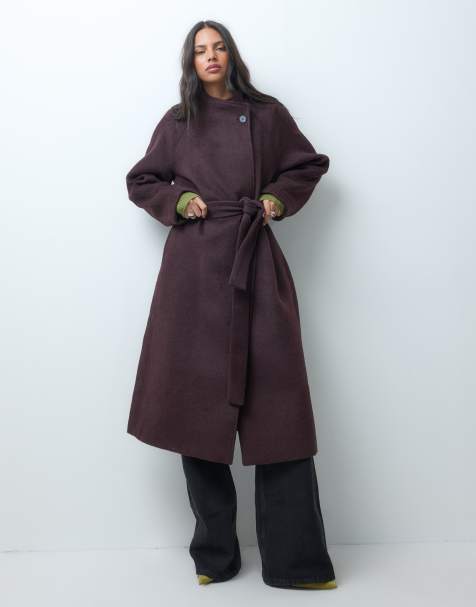 ASOS DESIGN formal longline waterfall coat with wool in plum - view 1