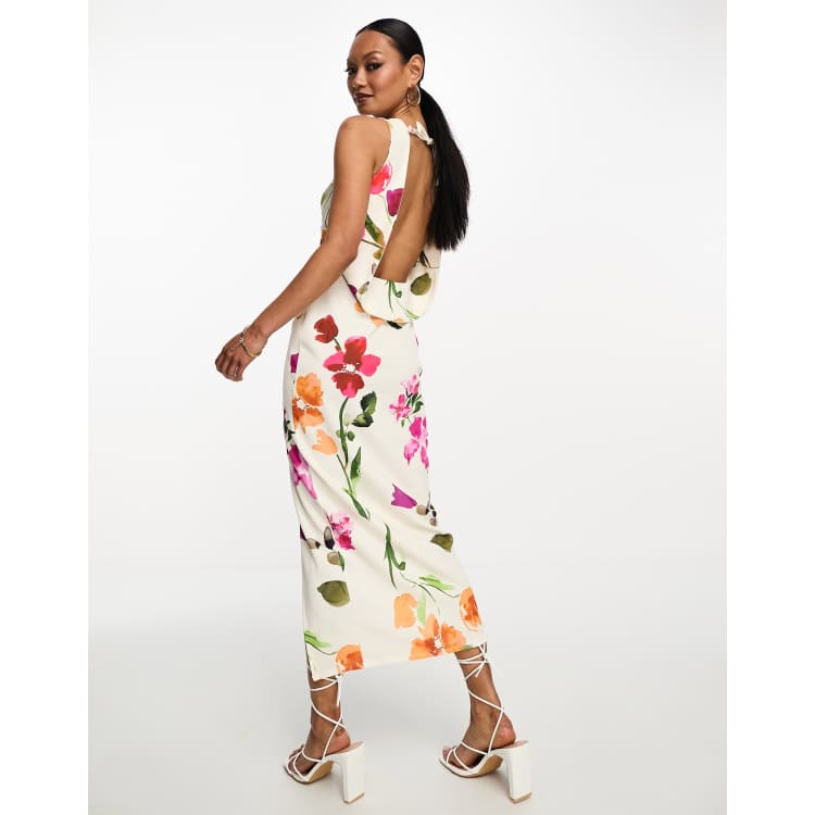 White floral best sale plunge midi dress
