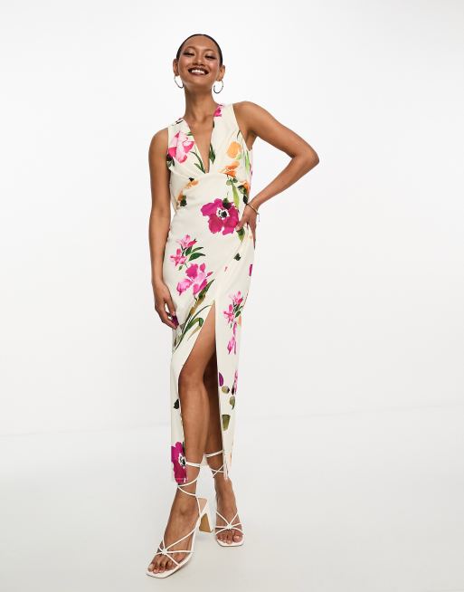 Asos design botanical floral plunge belted pleated midi dress best sale