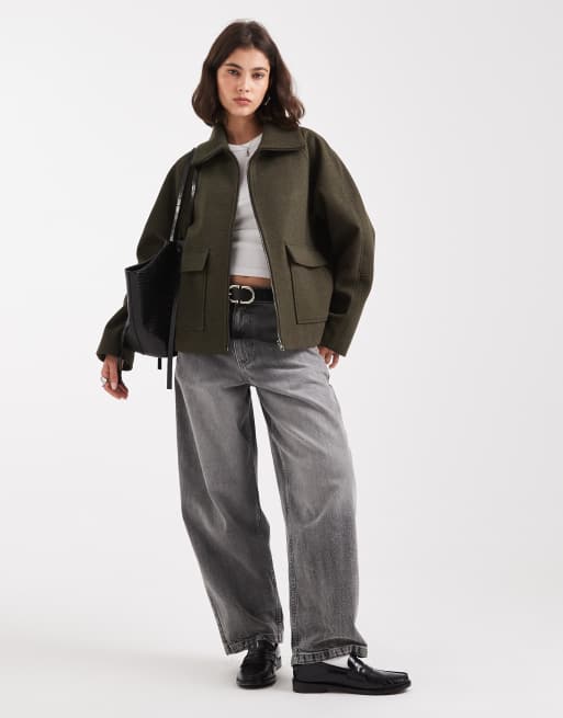ASOS DESIGN formal pocket detail harrington coat in khaki
