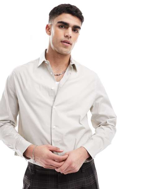 ASOS DESIGN formal poplin regular shirt with french placket in stone - view 1