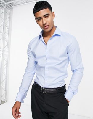 Shop Asos Design Formal Royal Oxford Skinny Shirt With Double Cuff In Blue
